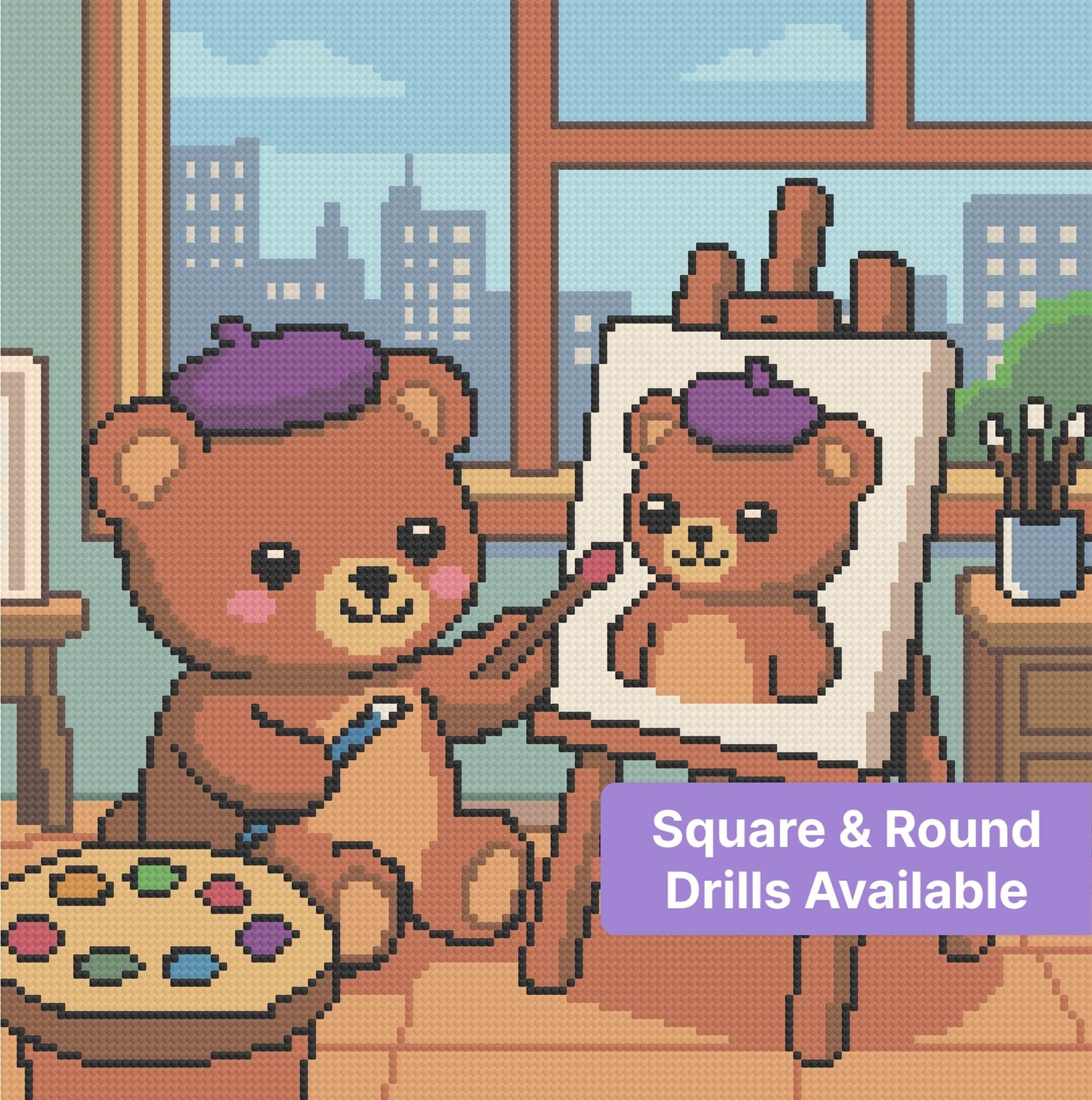 Cartoon bear painter in a cozy studio with easel, palette, and city window backdrop