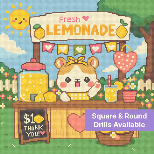 Cute kawaii lemonade stand diamond painting with animal vendor and sunny garden scene