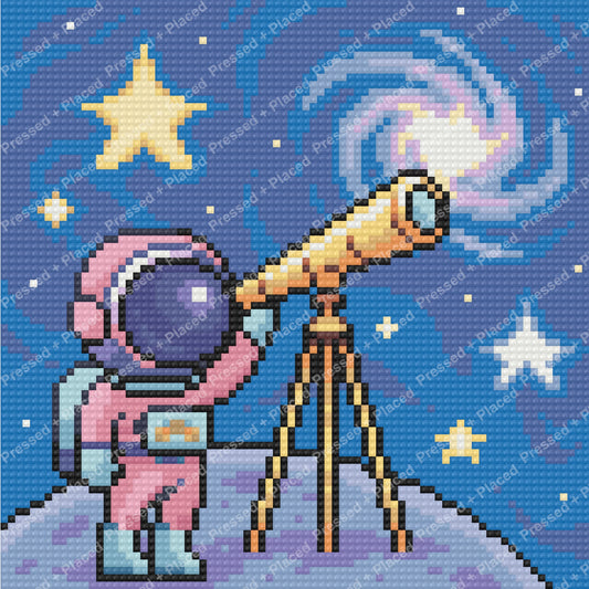 Astronaut with telescope under stars in a colorful pixel-style space scene