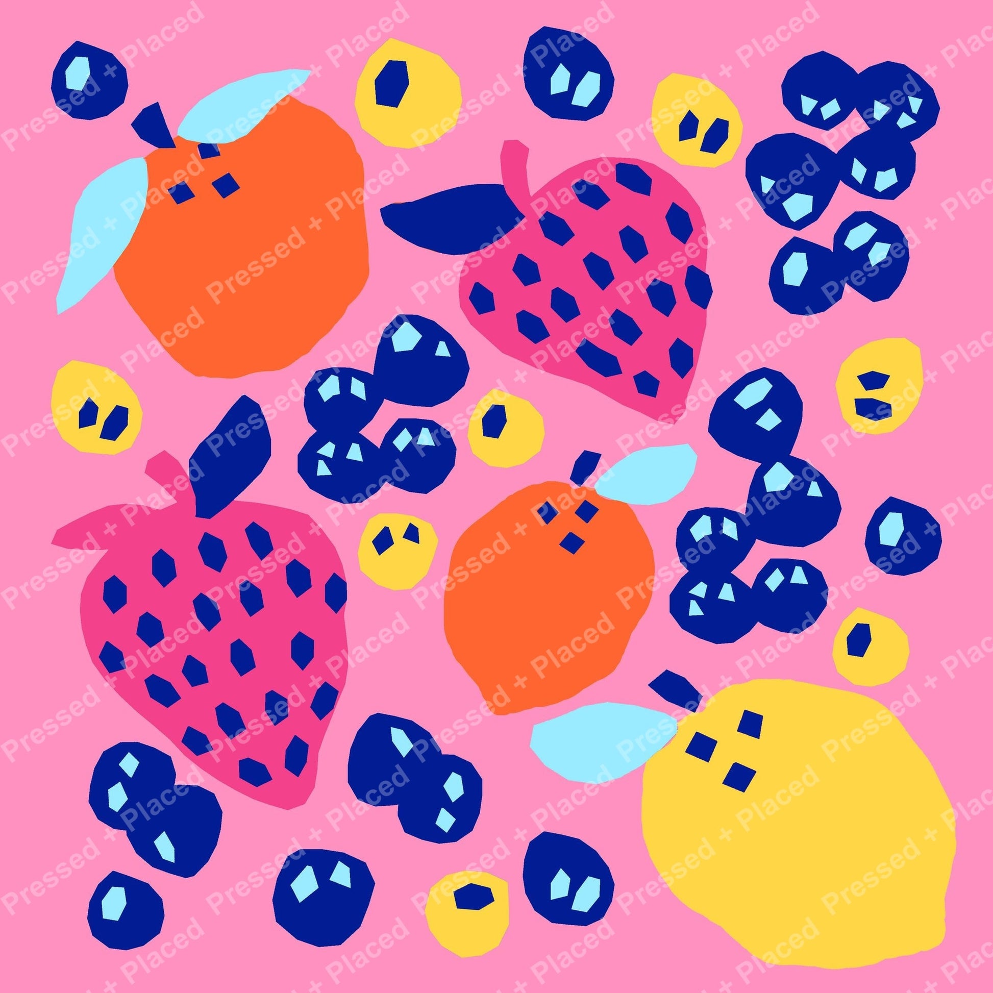 Colorful pop art fruit pattern with bright tropical shapes on a pink background