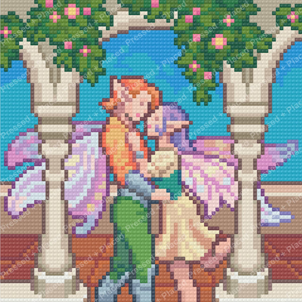 Red-haired mermaid seated between white trees in a colorful fantasy diamond art style