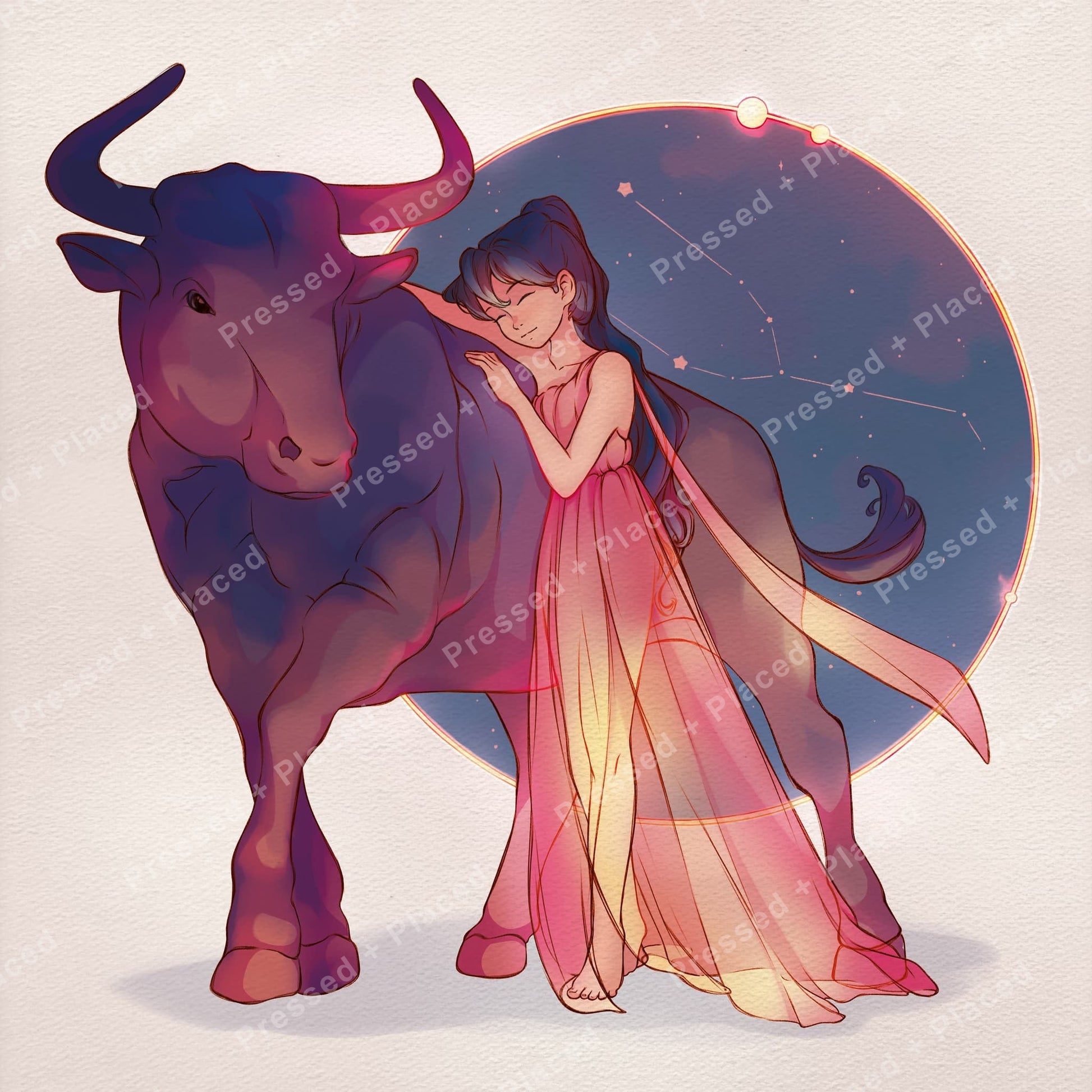 Fantasy girl in flowing dress beside a bull with celestial night backdrop