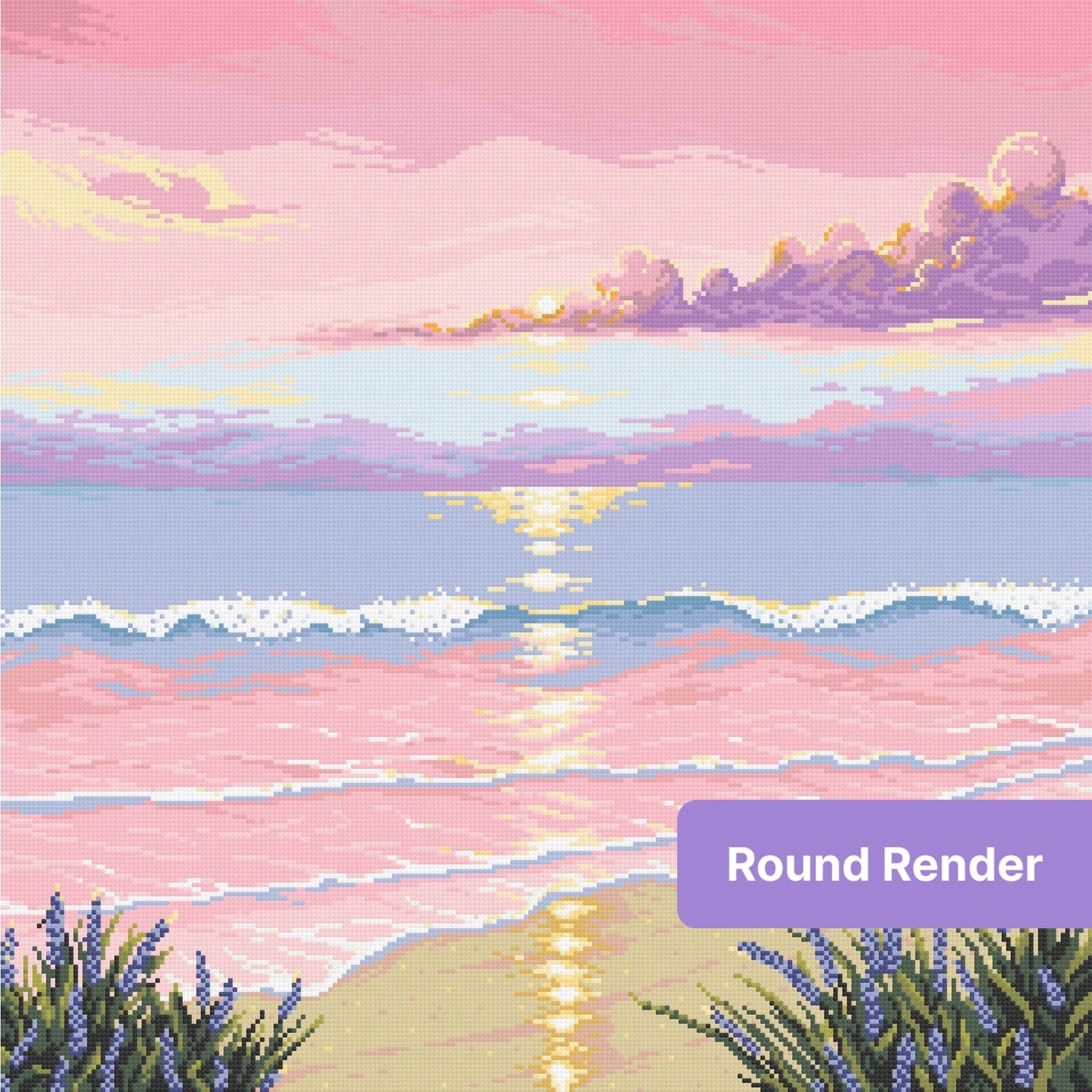Pastel pink sunset ocean landscape with glowing water, lavender clouds, and purple flowers