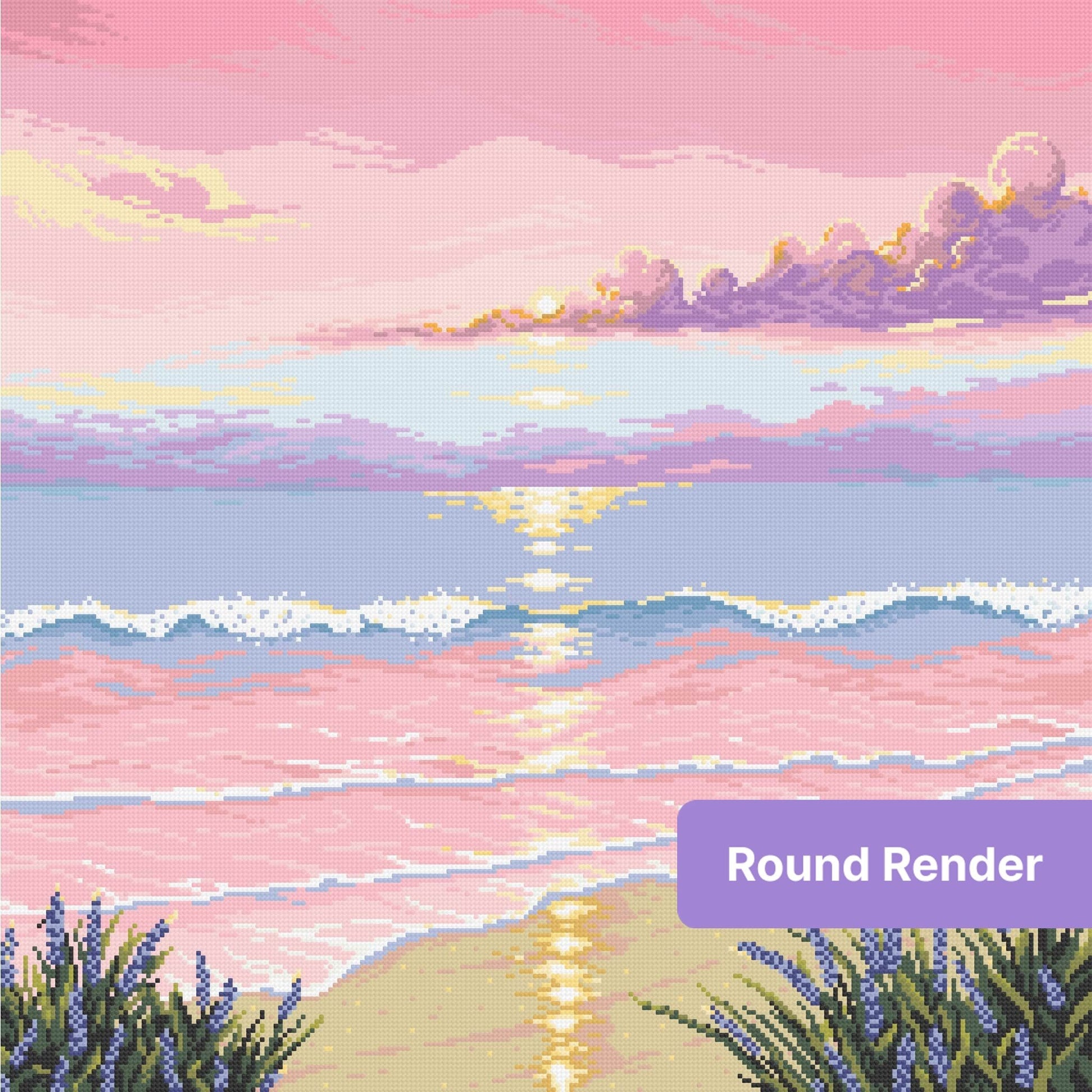Pastel pink sunset ocean landscape with glowing water, lavender clouds, and purple flowers