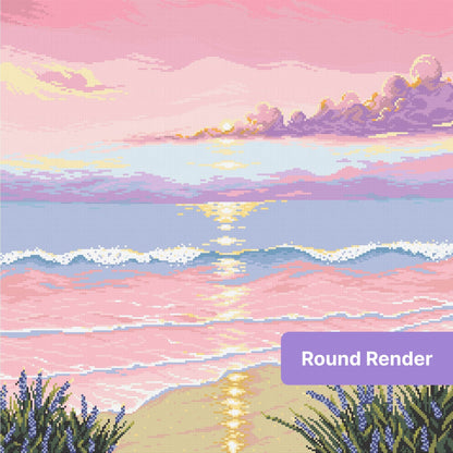 Pastel pink sunset ocean landscape with glowing water, lavender clouds, and purple flowers