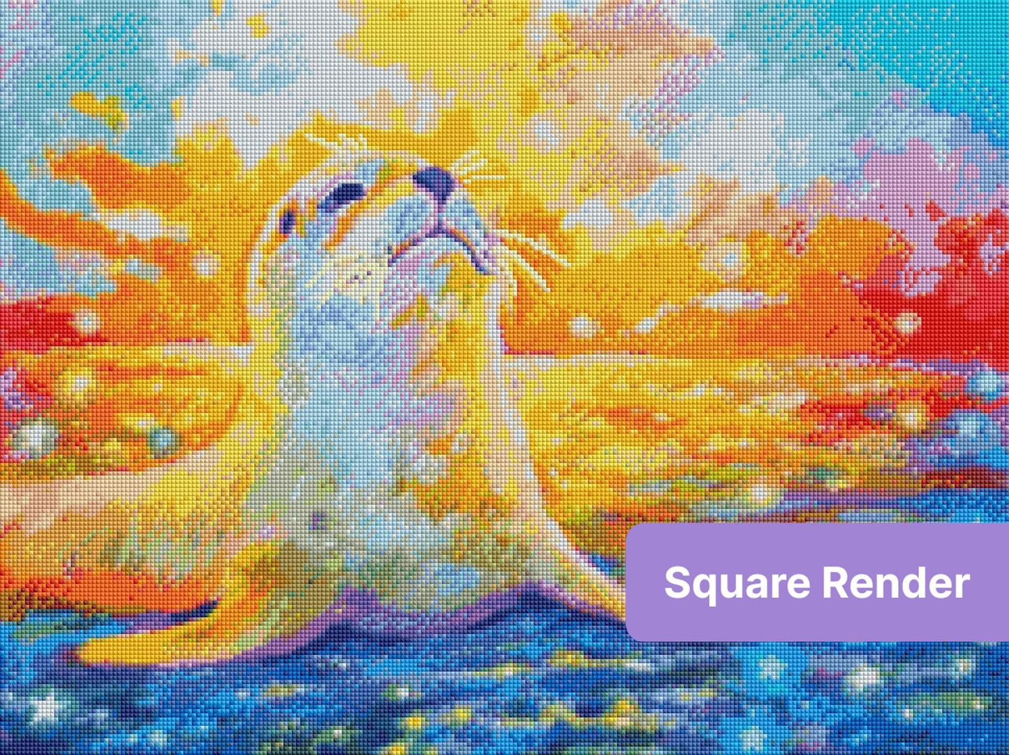 Colorful seal illustration with rainbow ocean tones and a dreamy sunset sky