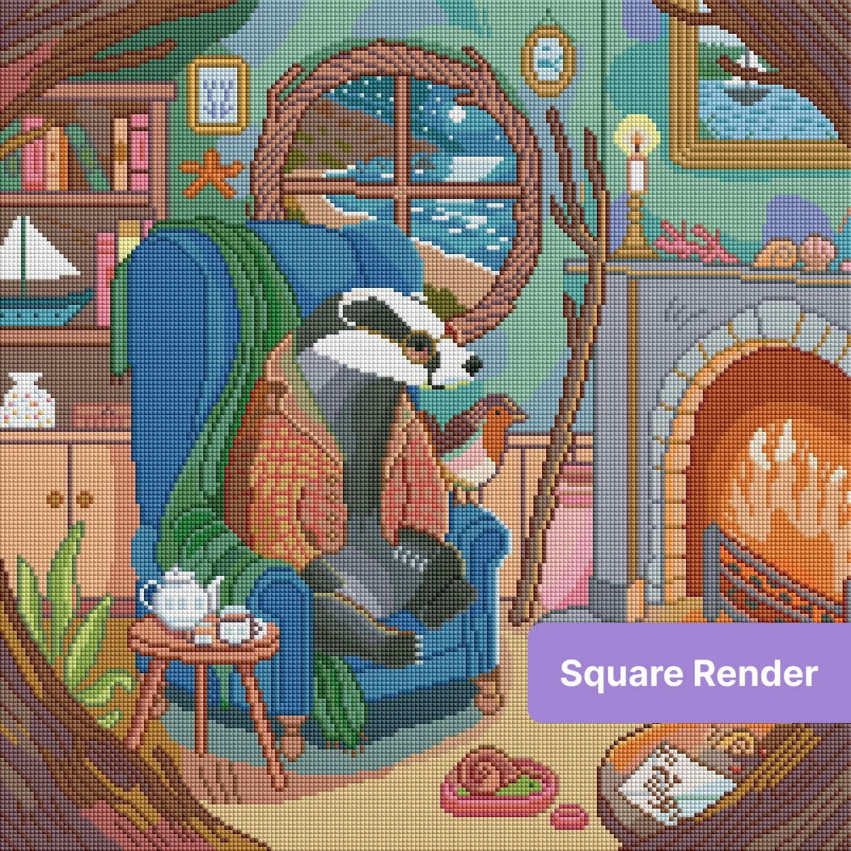 Watercolor-style badger in a cozy seaside cottage with fireplace, ocean view, and warm decor