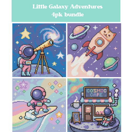 Four cute galaxy-themed diamond painting designs with astronauts, a rocket cat, and a cosmic café