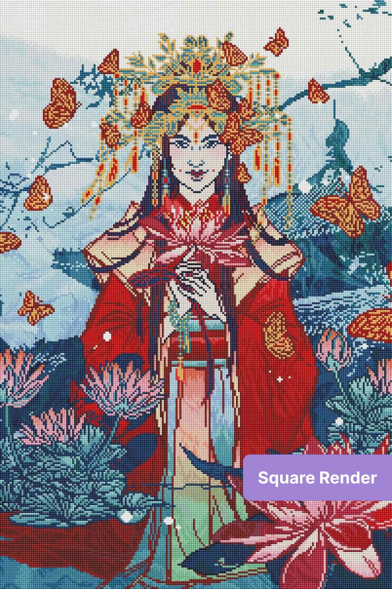 Oriental woman with butterflies and lotus flowers in vibrant floral fantasy style