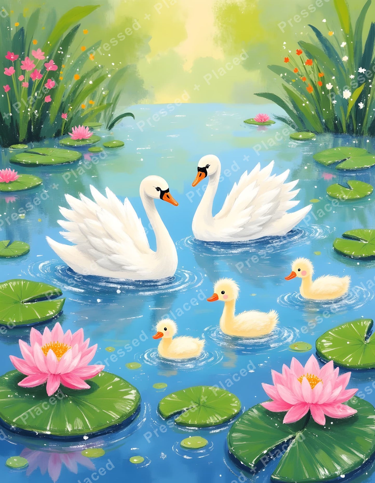 White swans and ducklings floating in a pastel lily pond with pink flowers and green lily pads