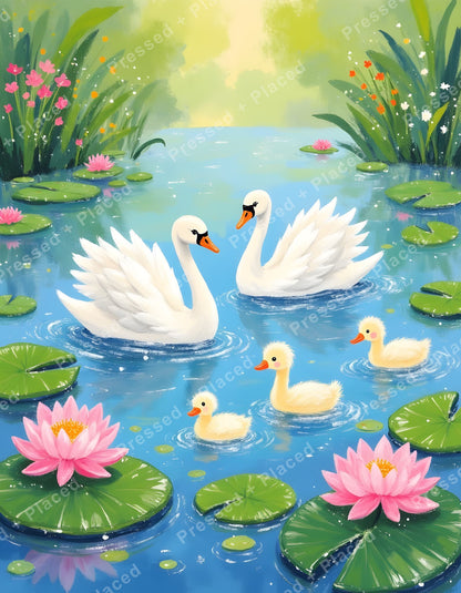 White swans and ducklings floating in a pastel lily pond with pink flowers and green lily pads