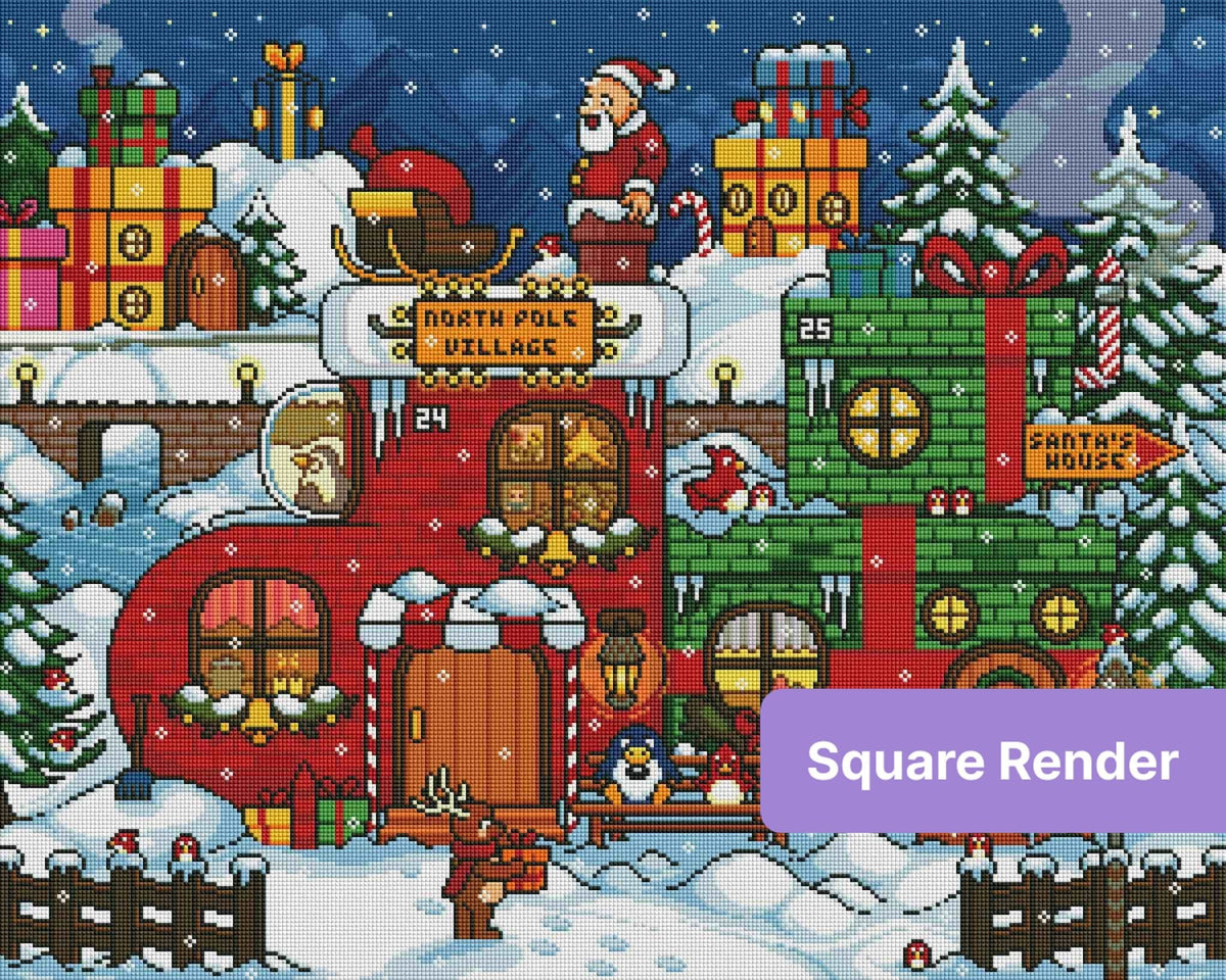 Pixel-style Christmas village with Santa, gifts, snowy houses, and festive North Pole scenery