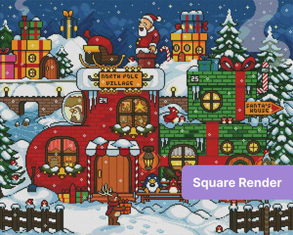 Pixel-style Christmas village with Santa, gifts, snowy houses, and festive North Pole scenery