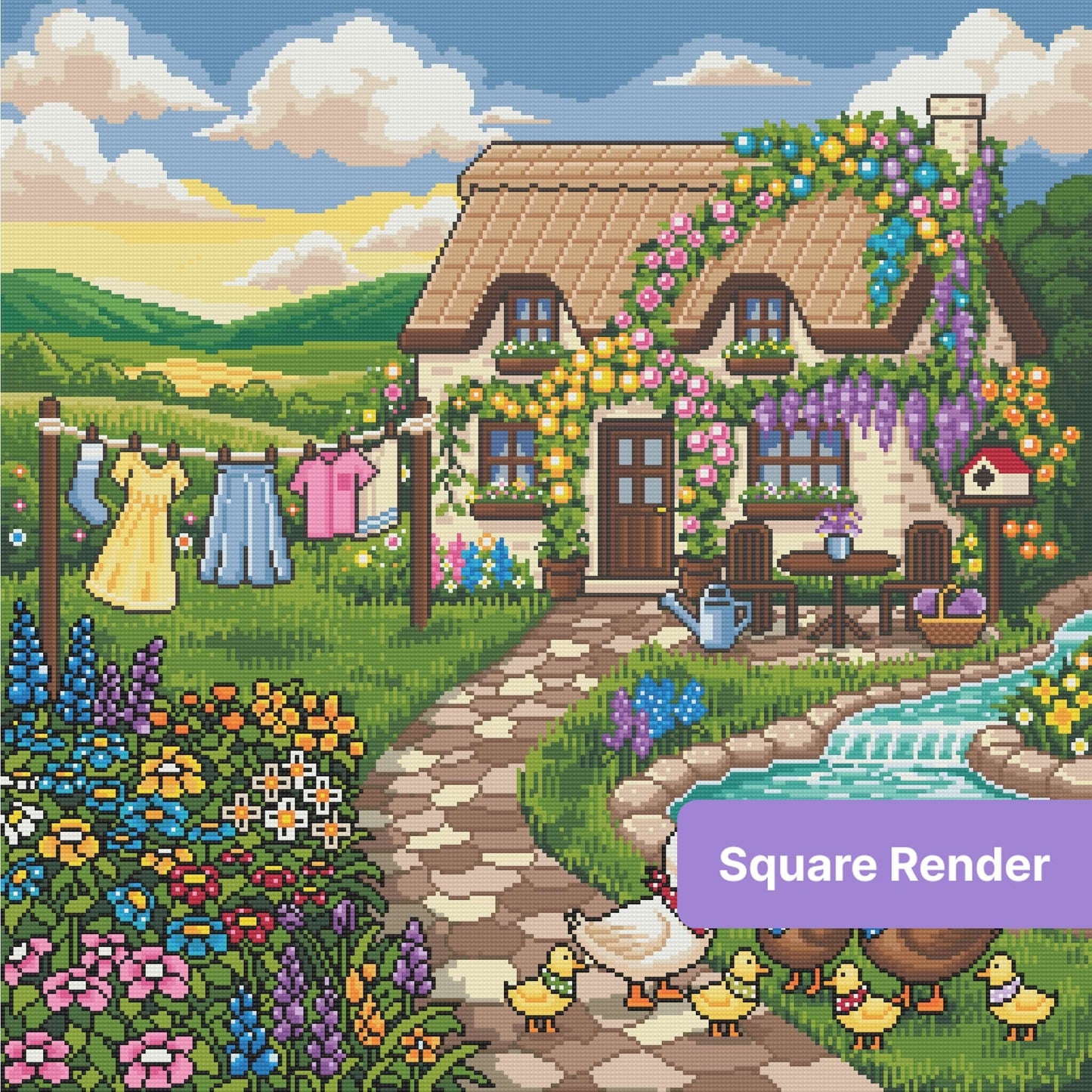 Whimsical cottage garden with ducks, flowers, pond, and rolling hills in diamond art style