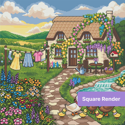 Whimsical cottage garden with ducks, flowers, pond, and rolling hills in diamond art style