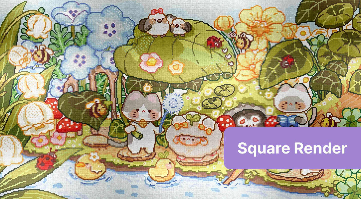 Cute pastel animal garden scene with flowers, bees, and whimsical woodland characters