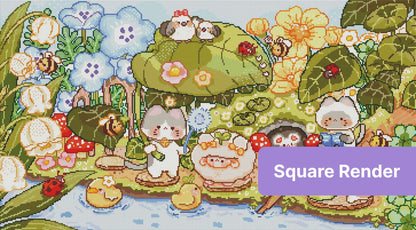 Cute pastel animal garden scene with flowers, bees, and whimsical woodland characters