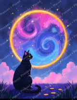 Black cat sitting under glowing rainbow moon portal in a dreamy fantasy sky