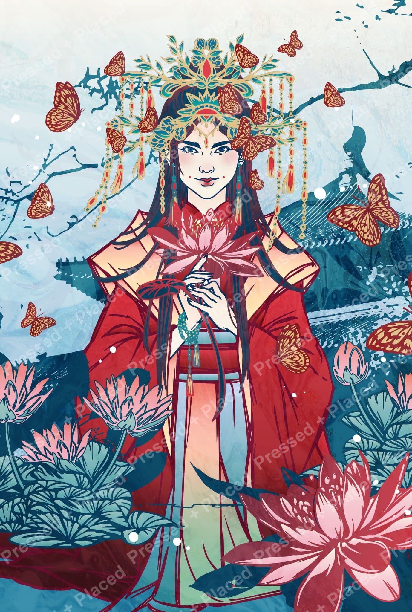 Oriental woman with butterflies and lotus flowers in vibrant floral fantasy style