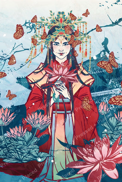 Oriental woman with butterflies and lotus flowers in vibrant floral fantasy style