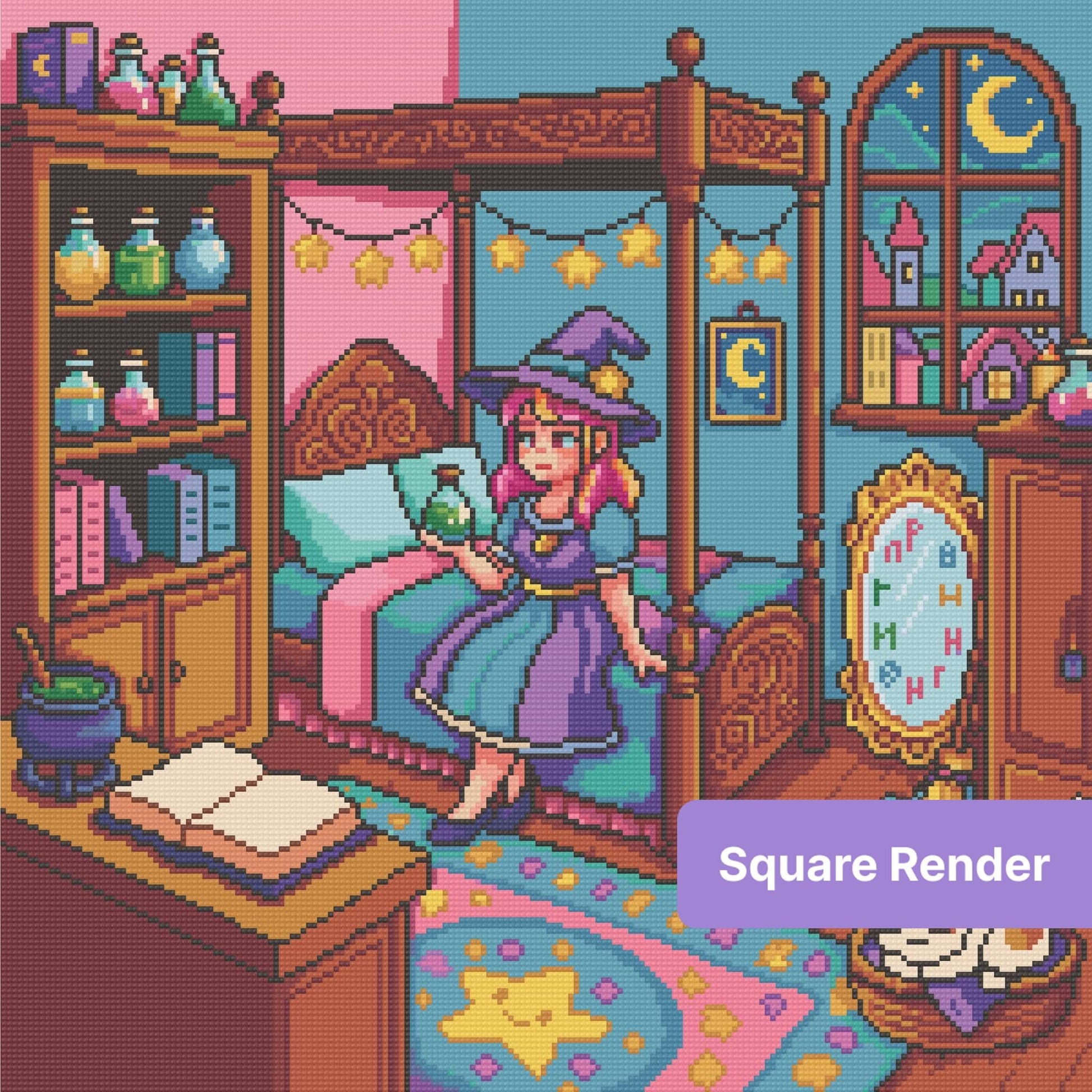 Pixel art witch bedroom with pastel decor, star garlands, and moonlit fantasy details