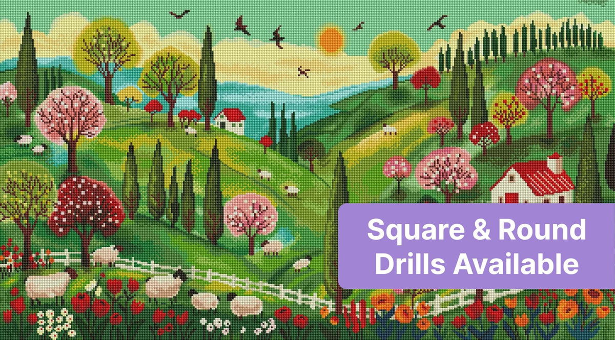 Colorful spring countryside landscape with sheep, flowering trees, cottages, and rolling hills