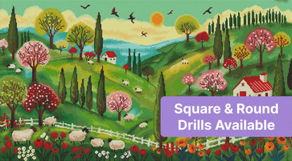 Colorful spring countryside landscape with sheep, flowering trees, cottages, and rolling hills