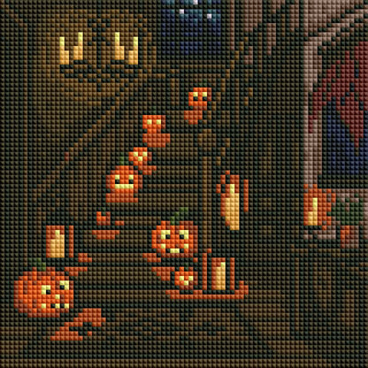 Halloween diamond painting kit with four cozy pumpkin cottage scenes and dark autumn colors
