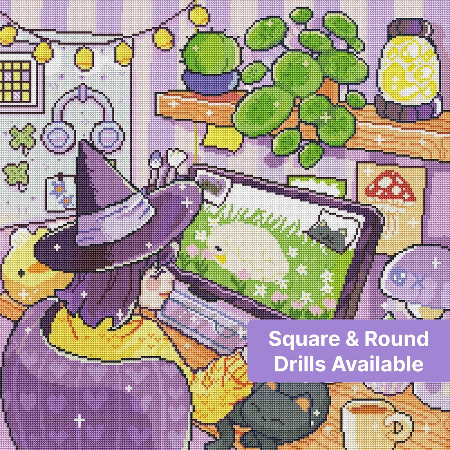 Cute witch at a cozy desk with plants, cat, and pastel fantasy décor