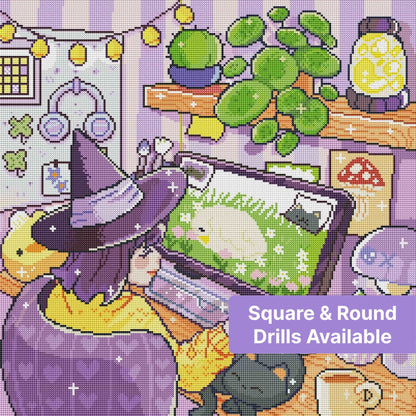 Cute witch at a cozy desk with plants, cat, and pastel fantasy décor