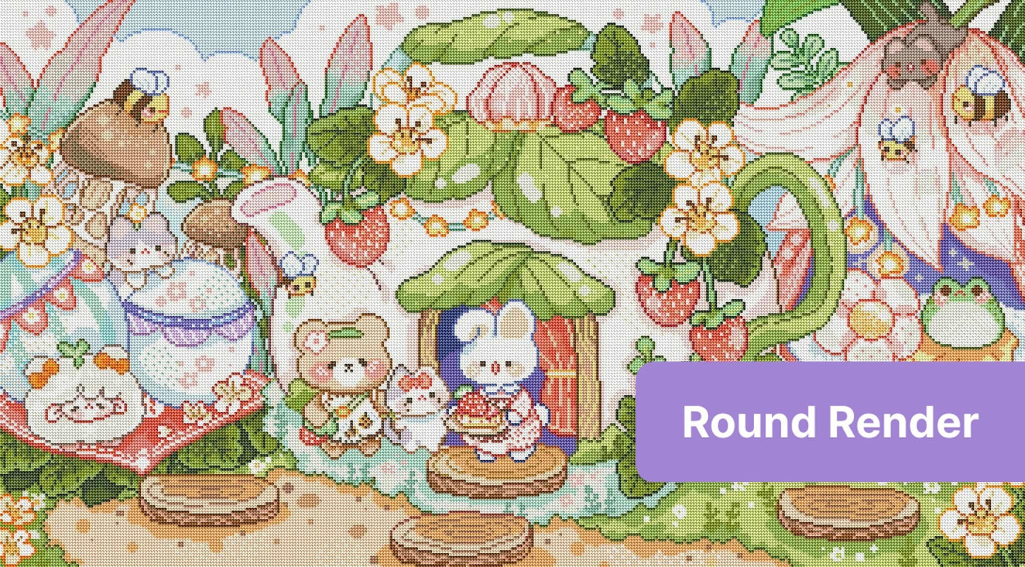 Cute woodland tea party scene with animals, flowers, strawberries, and pastel mushroom houses