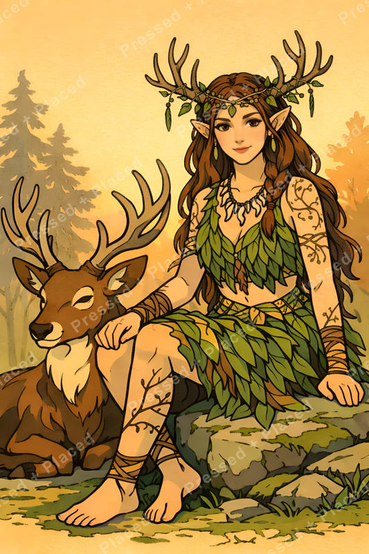 Fantasy forest fairy with antlers seated beside a deer in warm autumn tones