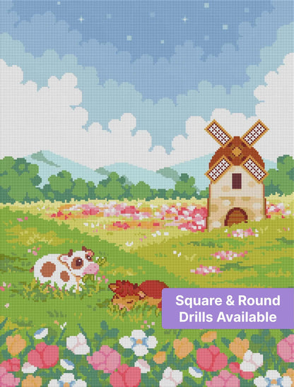 Pixel art farm scene with cow, horse, windmill, and blooming wildflowers