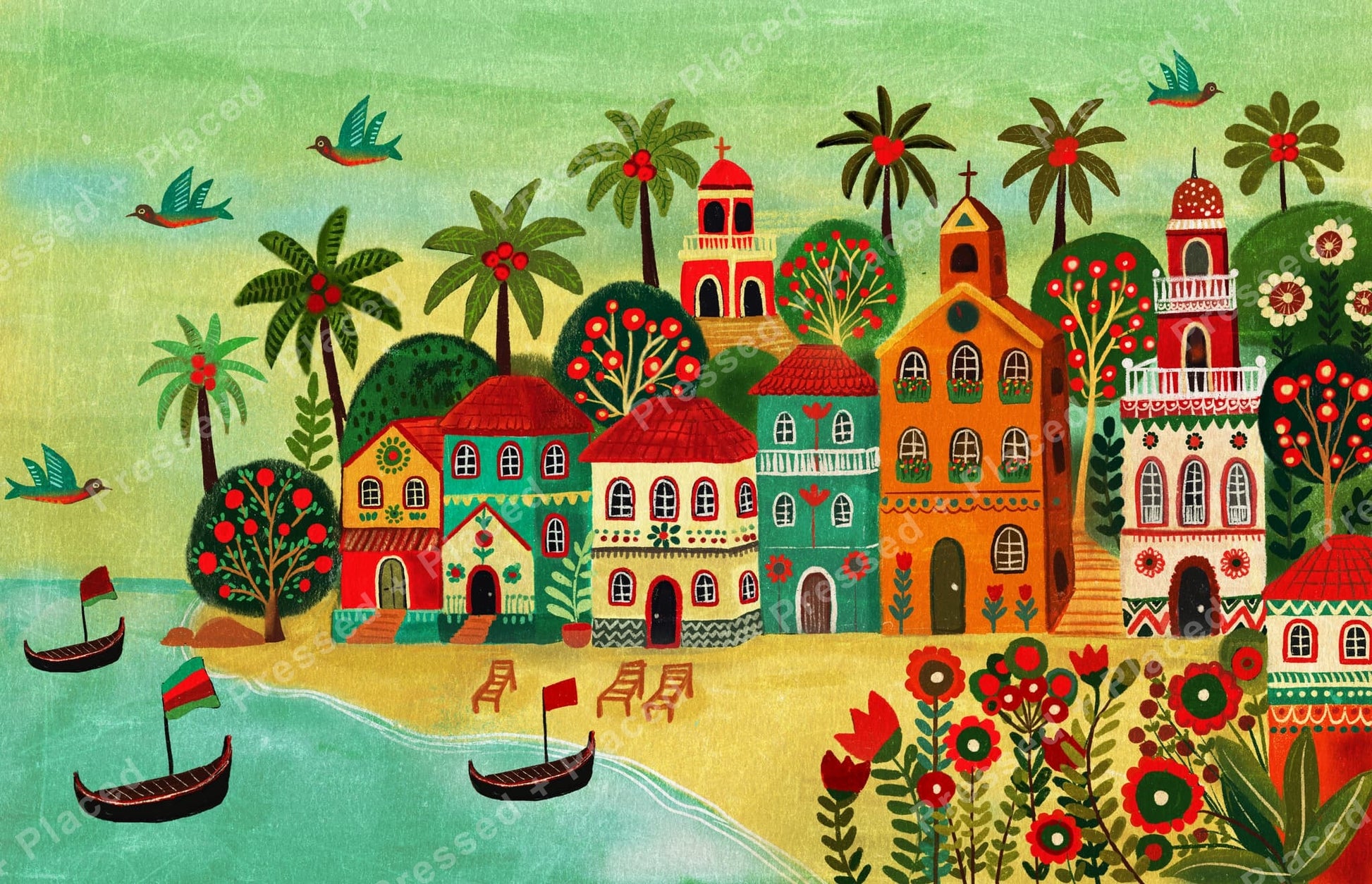 Colorful tropical village with palm trees, seaside boats, and folk-art houses