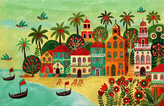 Colorful tropical village with palm trees, seaside boats, and folk-art houses