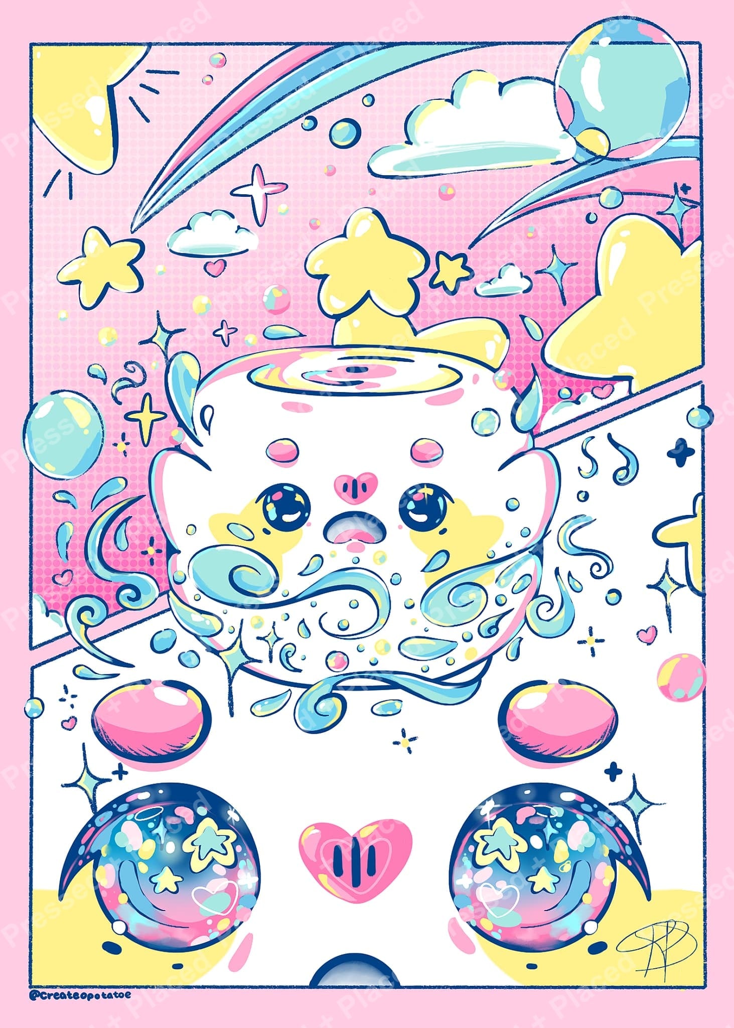 Cute cosmic cat with stars, clouds, and pastel rainbow swirls in kawaii cartoon style