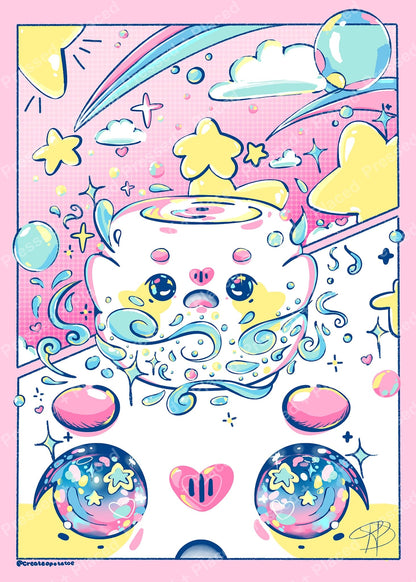 Cute cosmic cat with stars, clouds, and pastel rainbow swirls in kawaii cartoon style