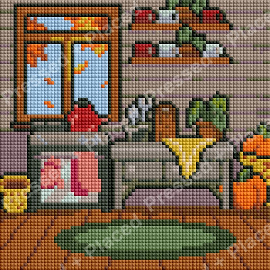Cozy autumn living room scene with pumpkins, window view, and warm rustic decor