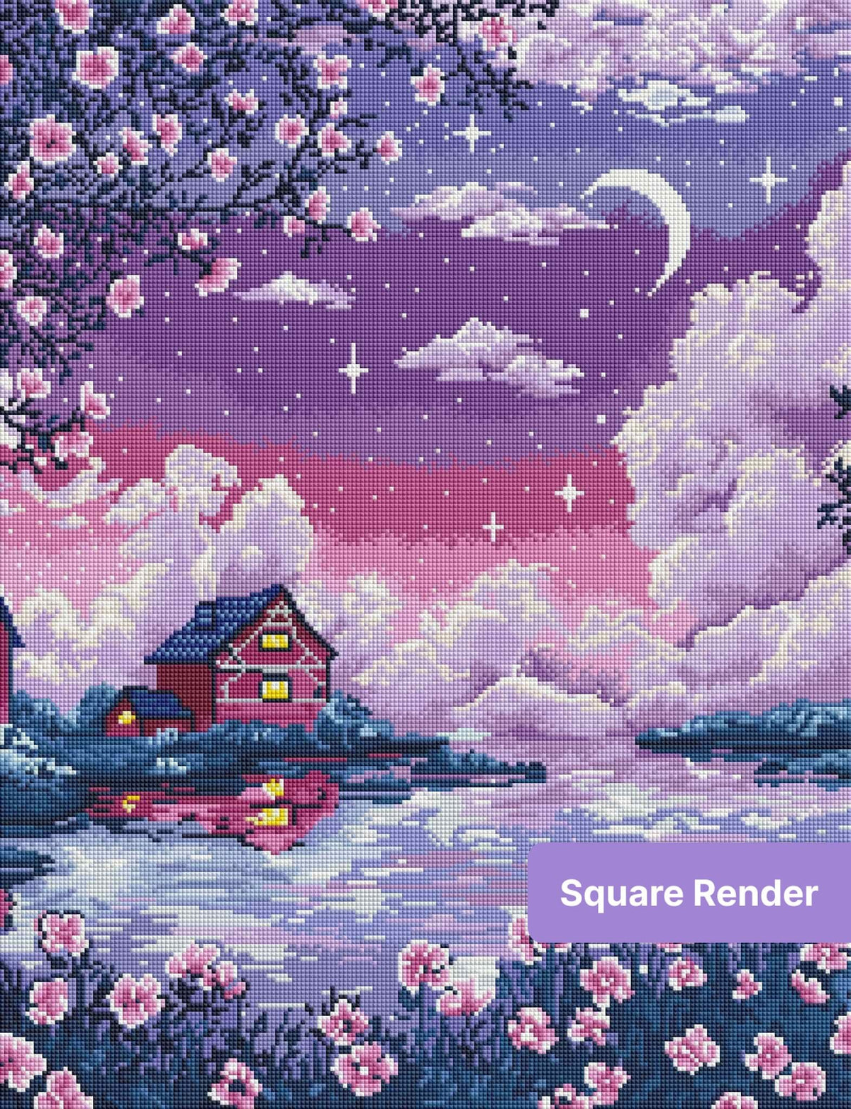 Pastel moonlit lake scene with cherry blossoms, cottage, and a lavender-purple sky