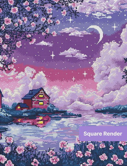 Pastel moonlit lake scene with cherry blossoms, cottage, and a lavender-purple sky