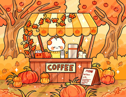 Cute autumn coffee cart with pumpkins, fall trees, and a whimsical cartoon café scene
