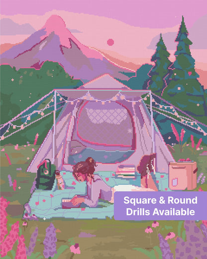 Pastel camping scene with pink tent, string lights, mountains, and a woman reading outdoors