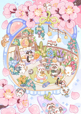 Kawaii cats in a pastel cherry blossom garden with flowers and cozy decor