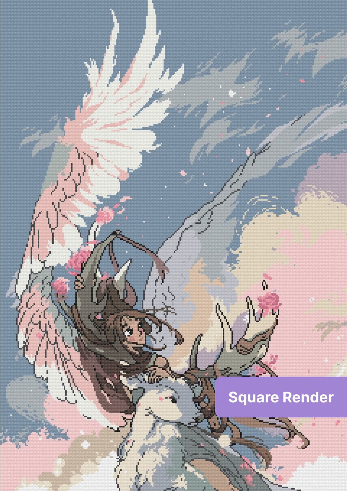 Anime-style angel girl with white deer, flowing wings, and pastel blossoms