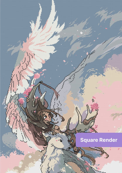 Anime-style angel girl with white deer, flowing wings, and pastel blossoms