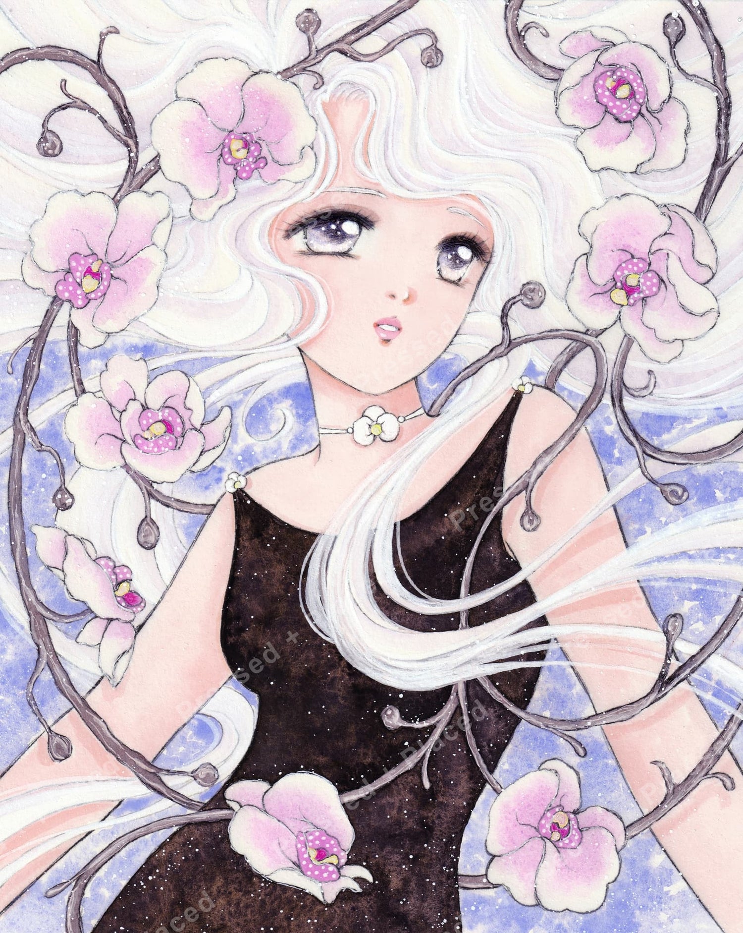 Anime girl with flowing white hair surrounded by pastel orchids in a dreamy floral fantasy style