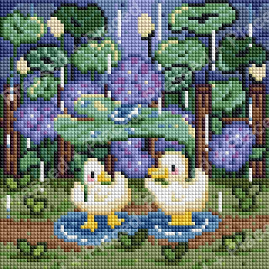 Two white ducks in a purple tulip garden, with green leaves and a blue pond scene