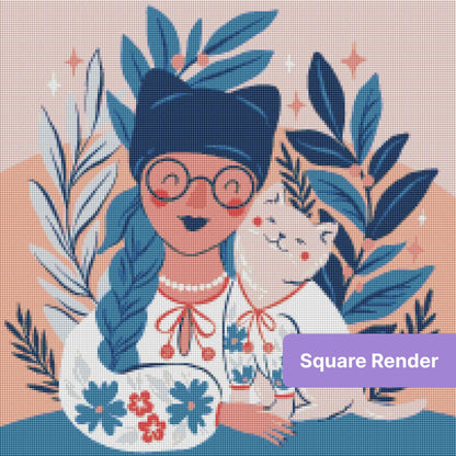 Illustrated girl with cat, blue leaves, and floral accents in a whimsical pastel style