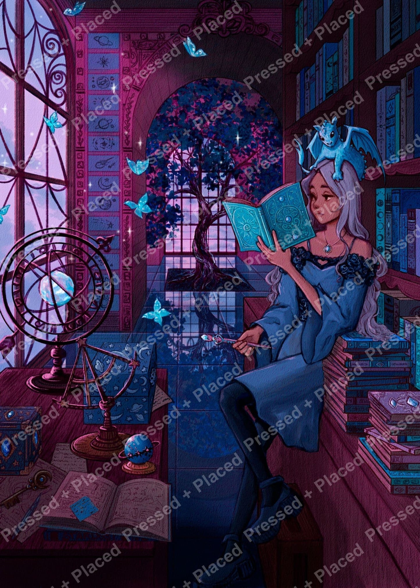 Fantasy girl reading in a magical library with a tiny dragon, glowing butterflies, and celestial decor