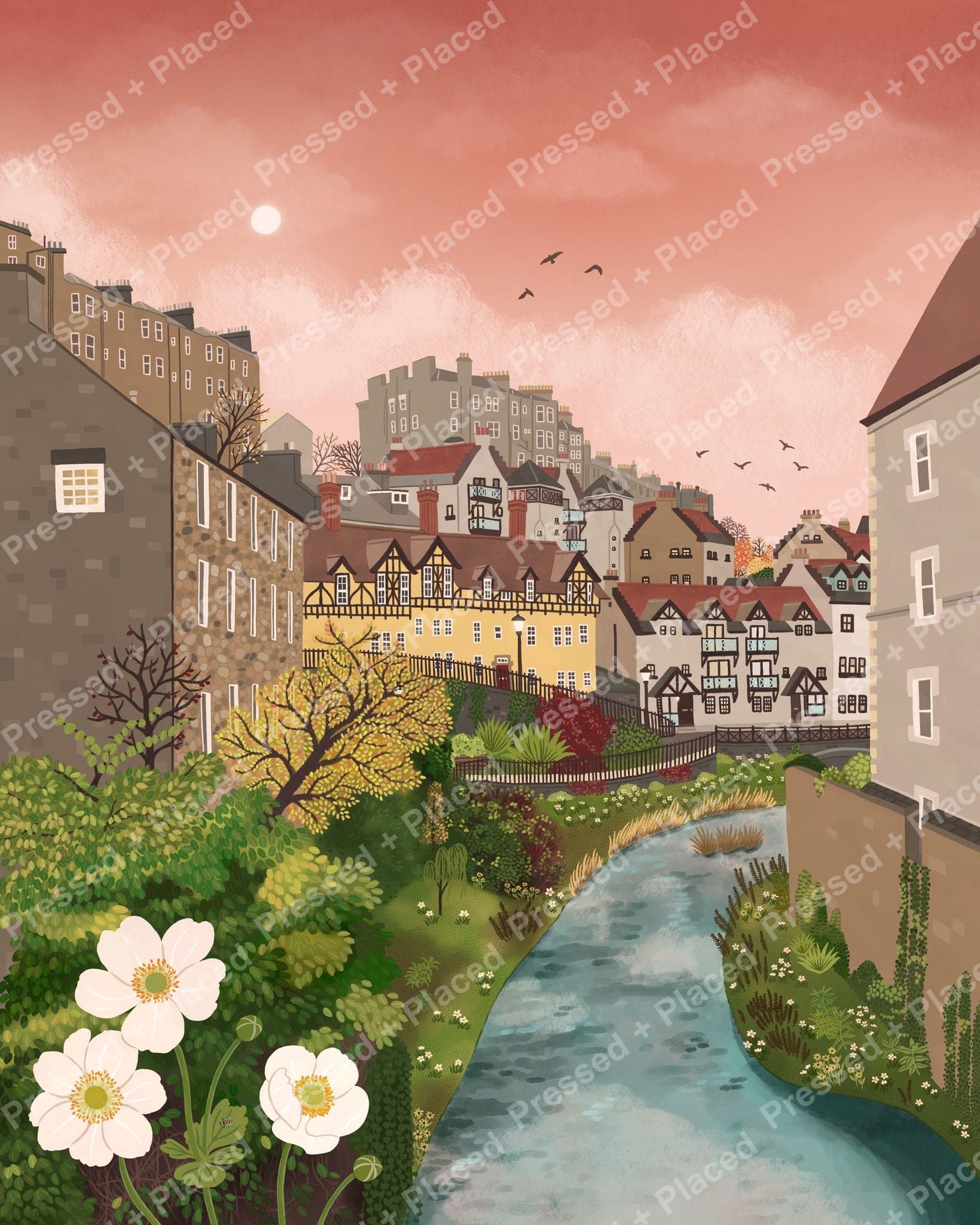 Illustrated village landscape with river, pink sunrise sky, flowers, and charming rooftops